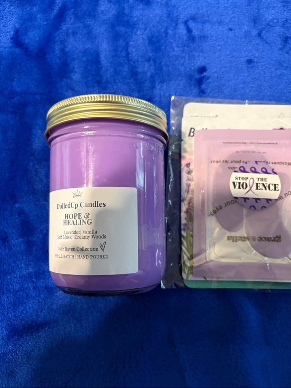 Hope & Healing Lavender Vanilla Jar Candle - Purple with eye masks nwot